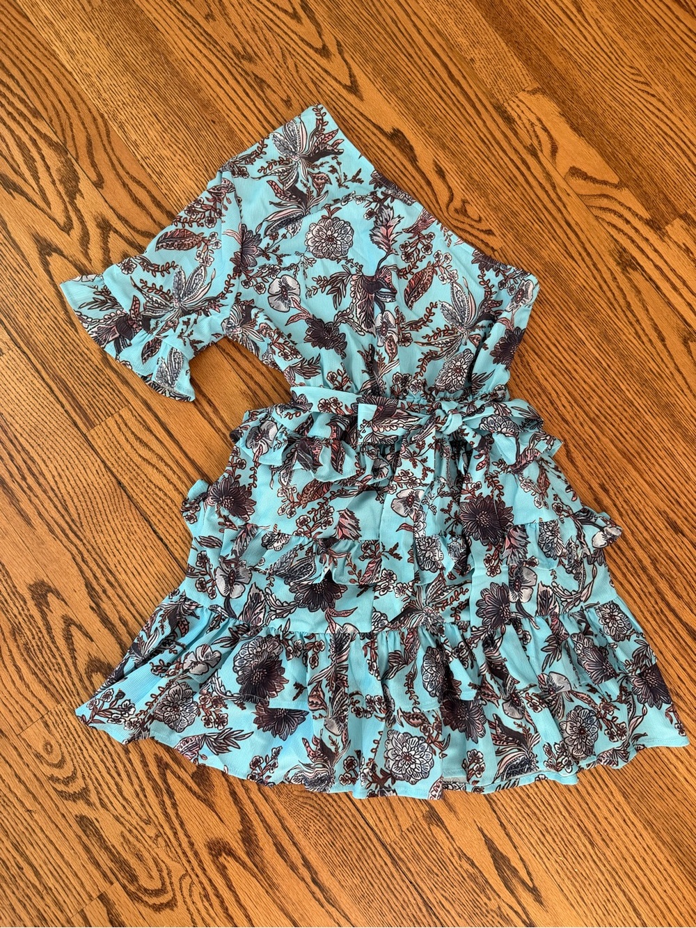 Floral One-Shoulder Ruffled Dress in Blue and Brown